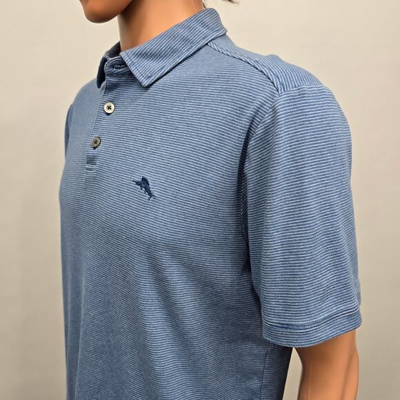 TOMMY BAHAMA Pacific Shore Polo Shirt  Men M Blue Allure Heather Striped Cotton - Picture 8 of 13
